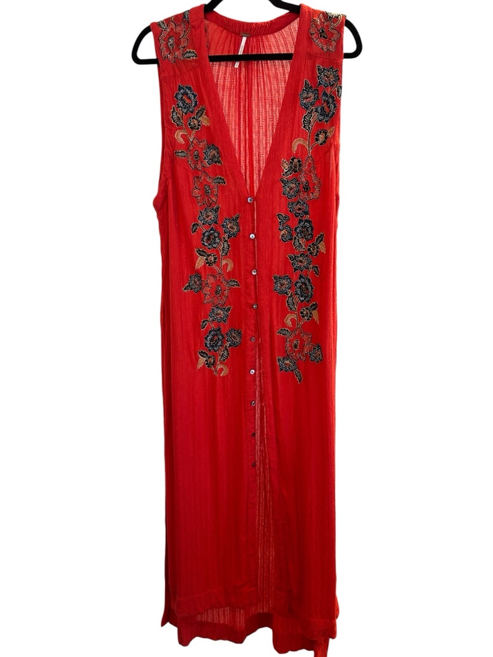 Free People Embroidered Rayon Maxi Dress Duster Sleeveless Red Button Front S